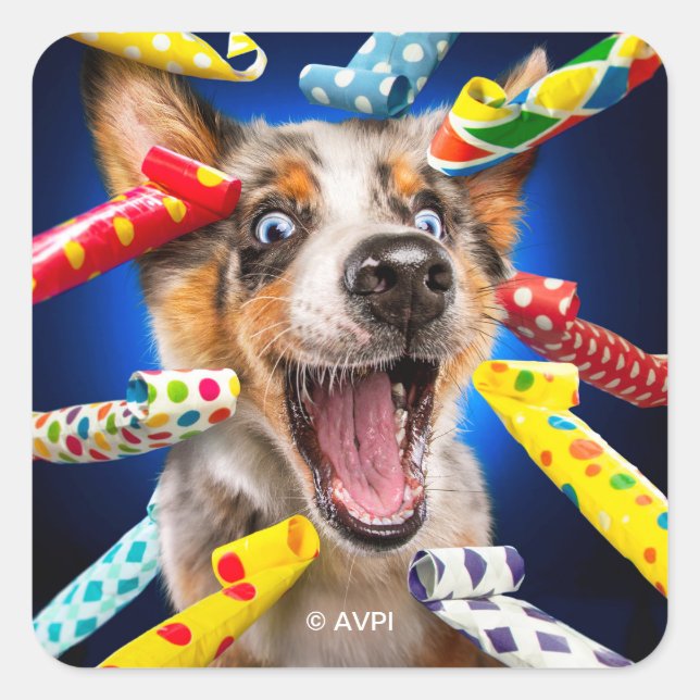 Happy Dog Party Blowers Square Sticker (Front)