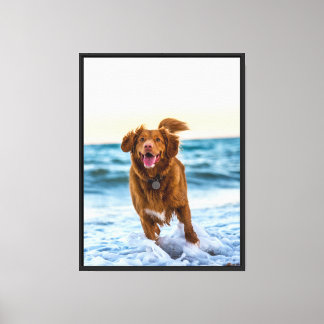 Happy Dog Playing by the Ocean Joyful Beach Canvas Print