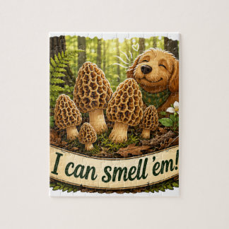 Happy Dog Smelling Morel Mushrooms - Nature Love Jigsaw Puzzle