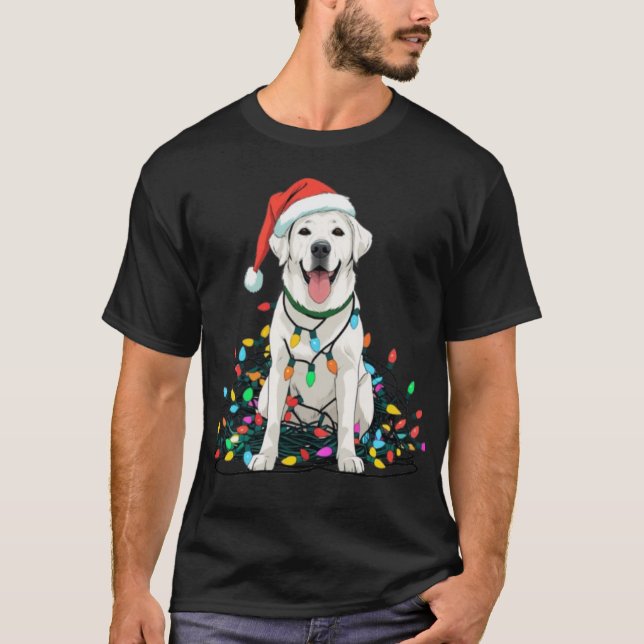 Happy Dog Tangled in Christmas Lights T-Shirt (Front)
