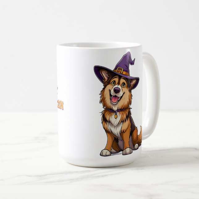 Happy Dog Wearing a Witch Hat Coffee Mug (Front Right)