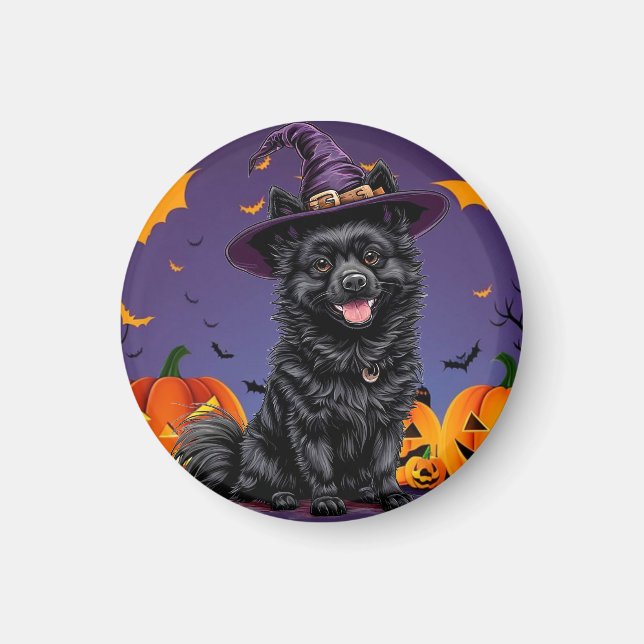 Happy Dog Wearing a Witch Hat Magnet (Front)