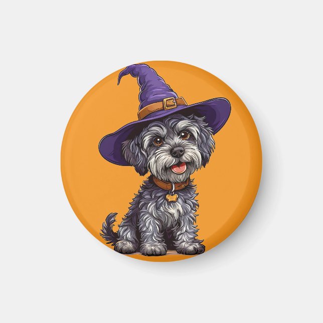 Happy Dog Wearing a Witch Hat Magnet (Front)