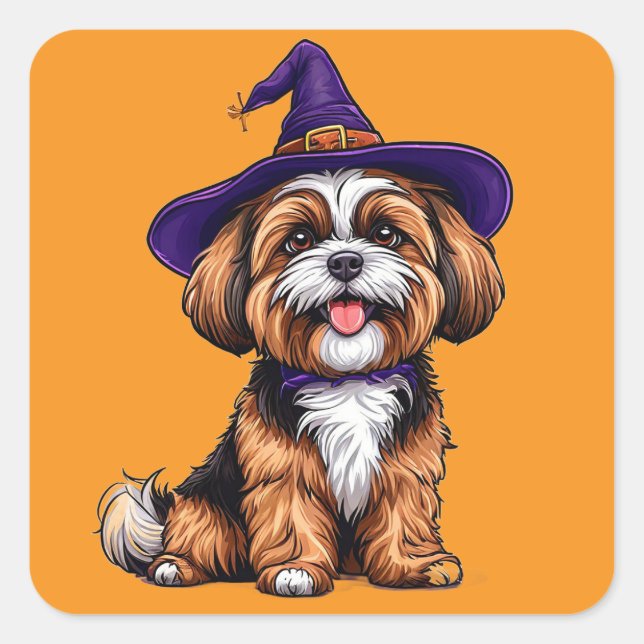 Happy Dog Wearing a Witch Hat Square Sticker (Front)