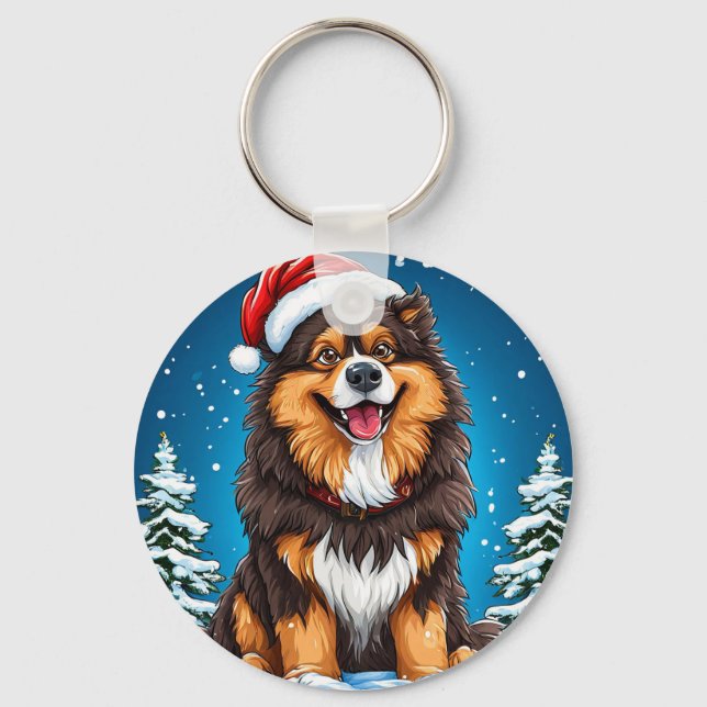 Happy Dog Wearing Santa Hat Key Ring (Front)