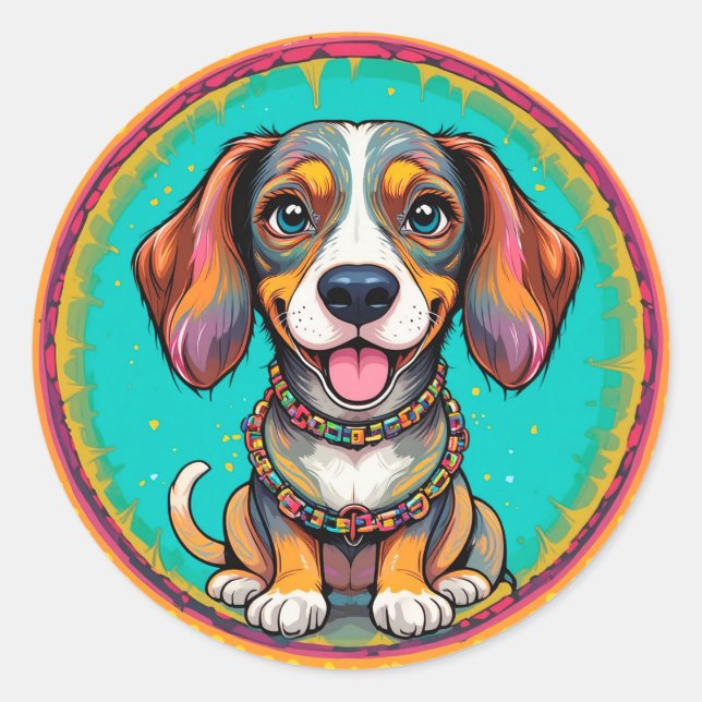 Happy Dog With a Colourful Collar Classic Round Sticker (Front)