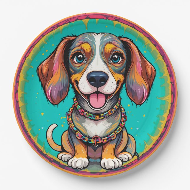 Happy Dog With a Colourful Collar Paper Plate (Front)