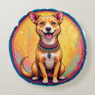 Happy Dog With a Colourful Collar Round Cushion