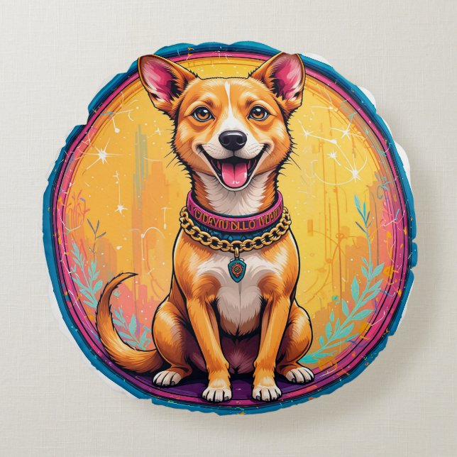 Happy Dog With a Colourful Collar Round Cushion (Front)