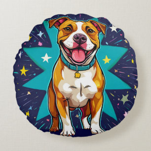 Happy Dog With Star Background Round Cushion
