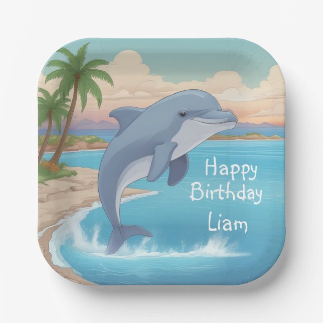 Happy Dolphin Birthday Paper Plate (Front)