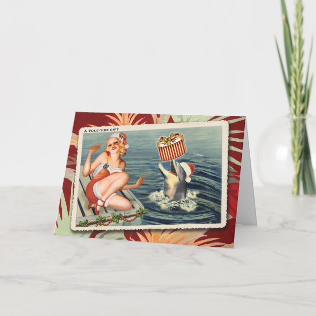 Happy Dolphin Retro Christmas Card (Front)