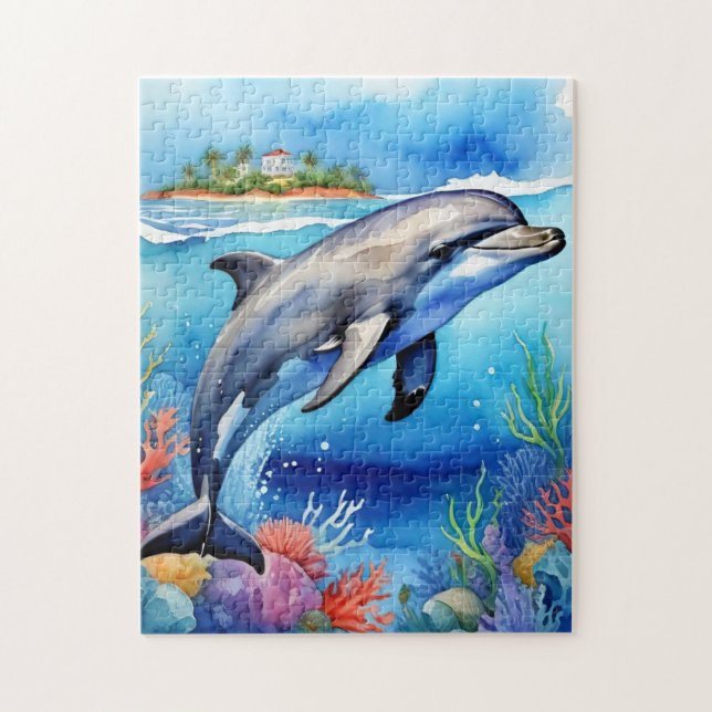 Happy Dolphin Tropical Ocean Coral Beach Jigsaw Puzzle (Vertical)