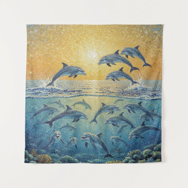Happy Dolphins At Sunset Tapestry (Front)