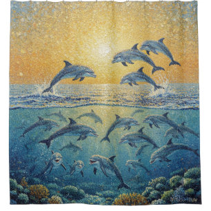 Happy Dolphins At Sunset Tapestry Shower Curtain
