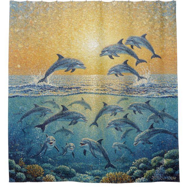Happy Dolphins At Sunset Tapestry Shower Curtain (Front)
