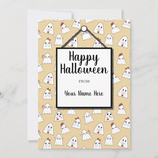 Happy Doodle Halloween Ghosts Pattern Holiday Card (Front)