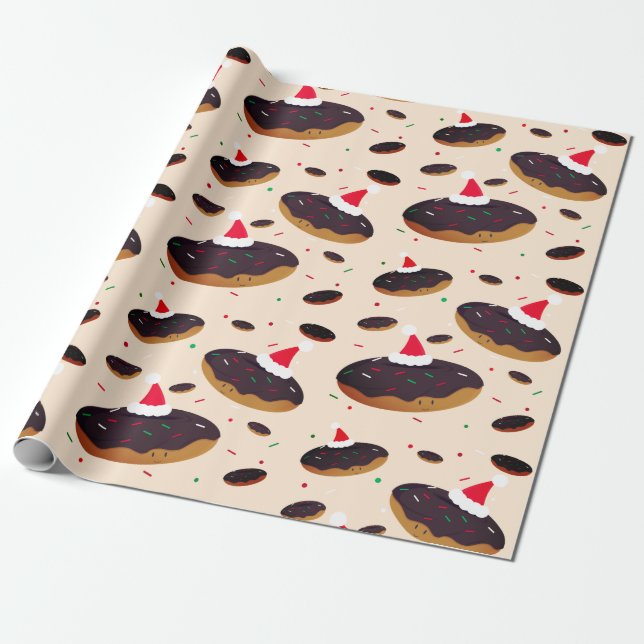 Happy Doughnut Santa Hats Pattern Chocolate Frosti Wrapping Paper (Unrolled)