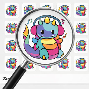 Happy dragon with headphones listening to music. square sticker