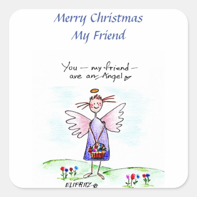 Happy Drawing "You My Friend" Purple Blue Green  Square Sticker (Front)
