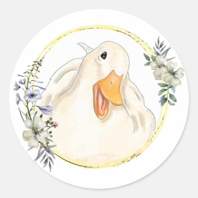Happy Duck, Cute Animal, Handmade, Floral Frame Classic Round Sticker (Front)