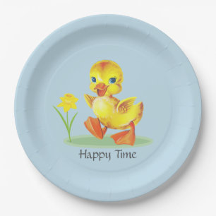 Happy Duckling on Light Blue Paper Plate