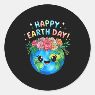 Happy Earth Day Cute Earth With Floral Earth Day 2 Classic Round Sticker