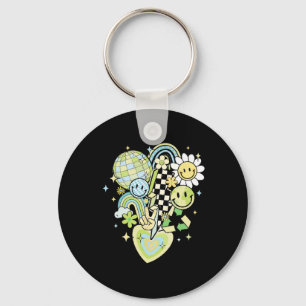 Happy Earth Day Groovy Smile Face Rainbow Women Me Key Ring