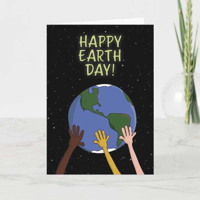 Happy Earth Day Hands Holding Planet in Space Holiday Card (Front)