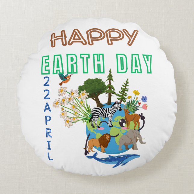Happy Earth Day Round Pouf Cushion (Front)