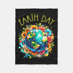 Happy Earth Day Shirt Cute Earth With Floral Earth Fleece Blanket