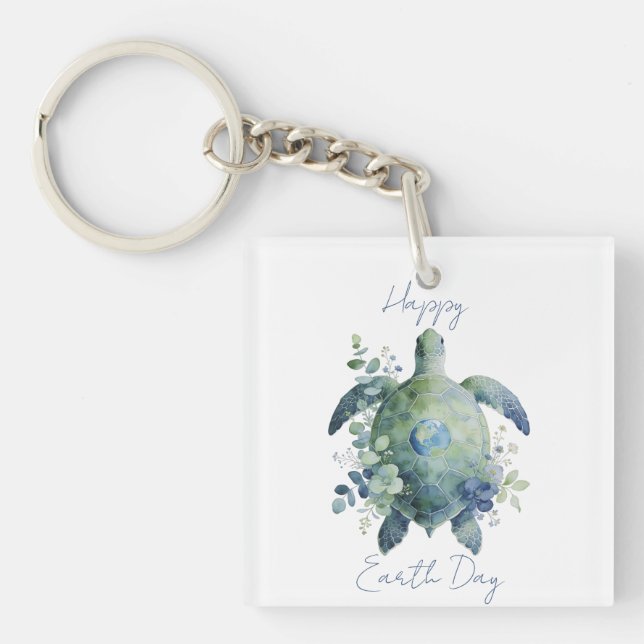 Happy Earth Day Turtle Design Key Ring (Front)