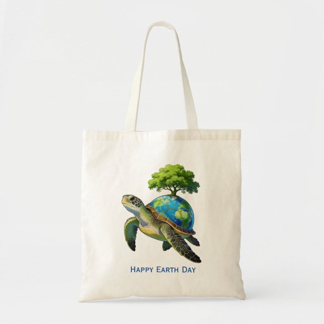 Happy Earth Day Turtle Planet and Tree Tote Bag (Front)