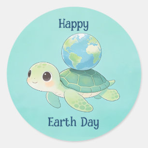 Happy Earth Day Turtle with Globe Classic Round Sticker