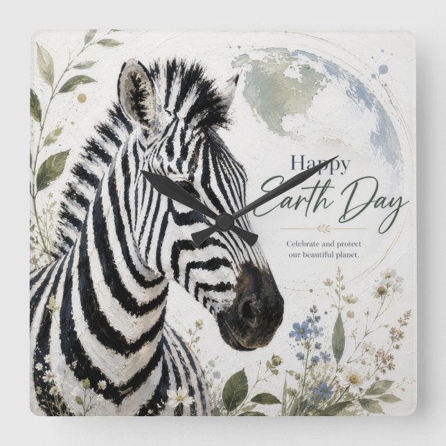 Happy Earth Day Zebra Wildlife Square Wall Clock (Front)