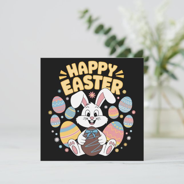 Happy Easter 2025  Eggs Bunny Cute Rabbit Holiday Card (Standing Front)