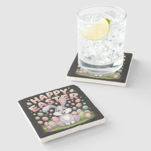 Happy Easter 2025  Eggs Bunny Cute Rabbit Stone Coaster