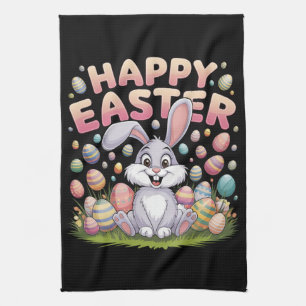 Happy Easter 2025 Eggs Bunny Cute Rabbit Tea Towel