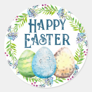 Happy Easter, 3 Eggs with Floral Classic Round Sticker