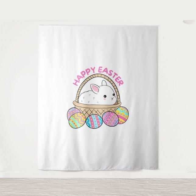 Happy Easter A Cute Easter Bunny In A Basket Tapestry (Front)