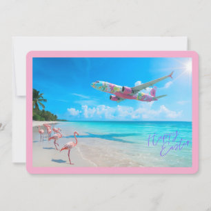 Happy Easter Airplane Over Beach with Flamingos Holiday Card