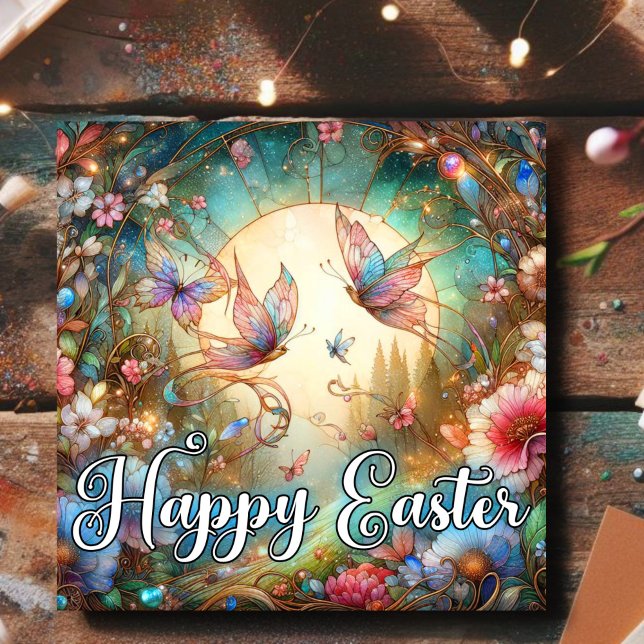 Happy Easter Art Nouveau Stained Glass Butterflies Holiday Card (Creator Uploaded)
