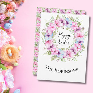 Happy Easter Baby Blush Pink Lilac Peony Wreath Holiday Card