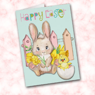 Happy Easter Baby Bunny and Chick with Daffodils