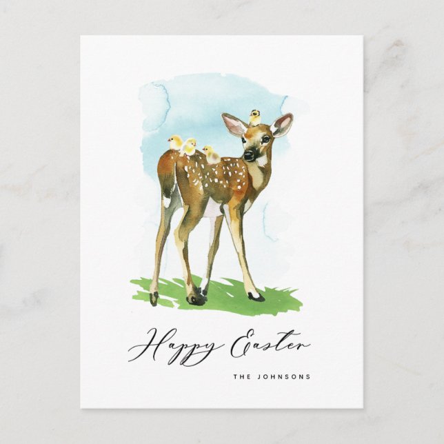 Happy Easter Baby Deer and Chicks Holiday Postcard (Front)