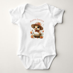Happy Easter Baby Duckling Straw Hat Tulips Bodysuit