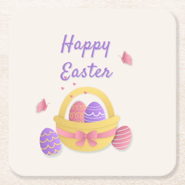 Happy Easter basket and butterflies Square Paper Coaster (Front)
