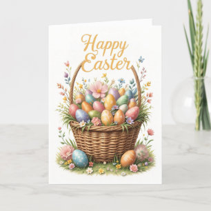 Happy Easter Basket with Colourful Eggs Holiday Card