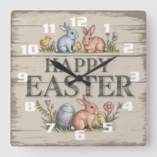 Happy Easter Beautiful Elegant and Rustic Easter Square Wall Clock