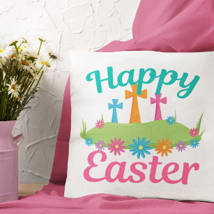 Happy Easter Beautiful Religious Crosses Flowers Cushion